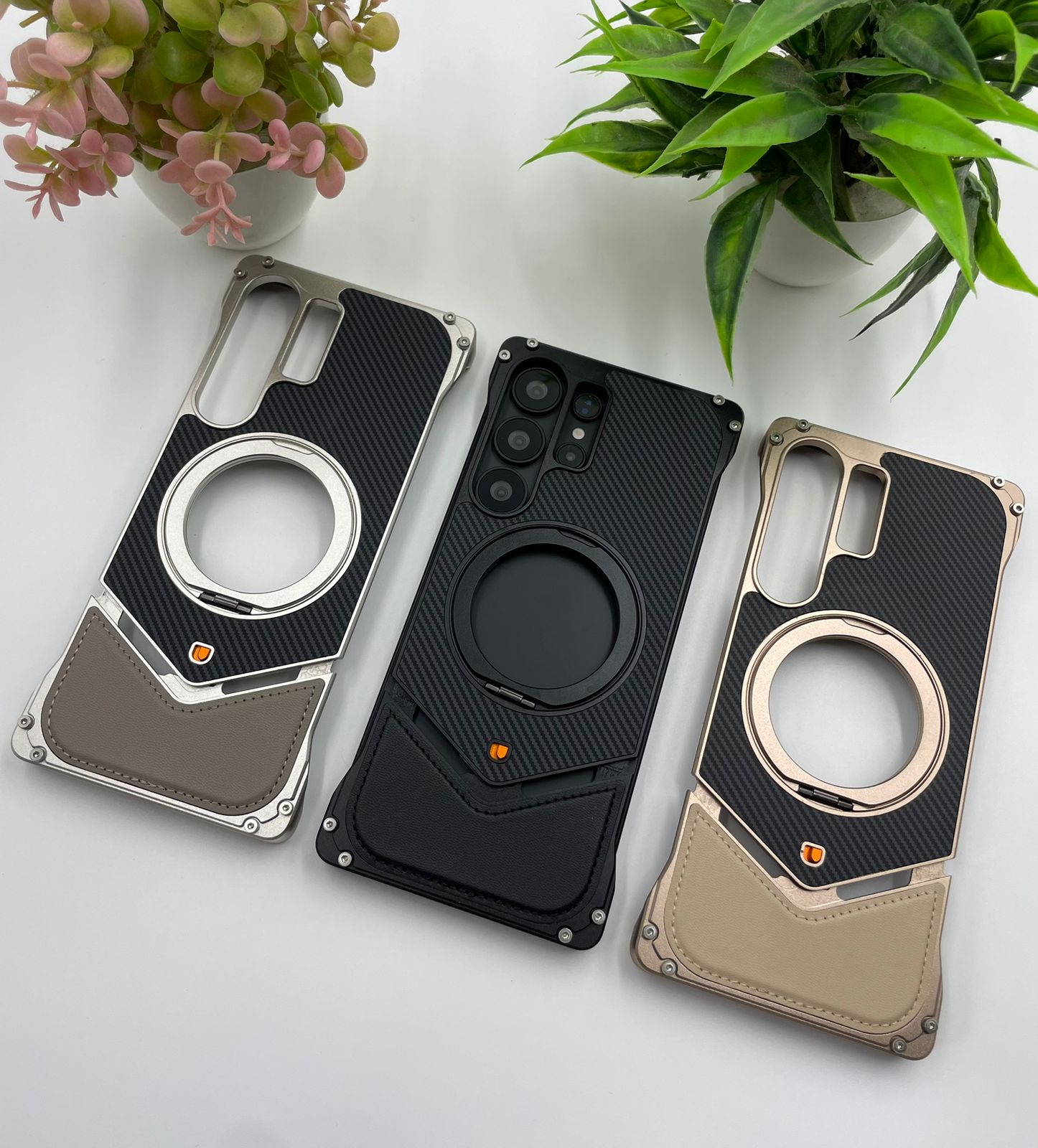 Samsung Galaxy S25 Ultra Premium Carbon Leather Aluminum Metal Snap On Rotating Stand Case