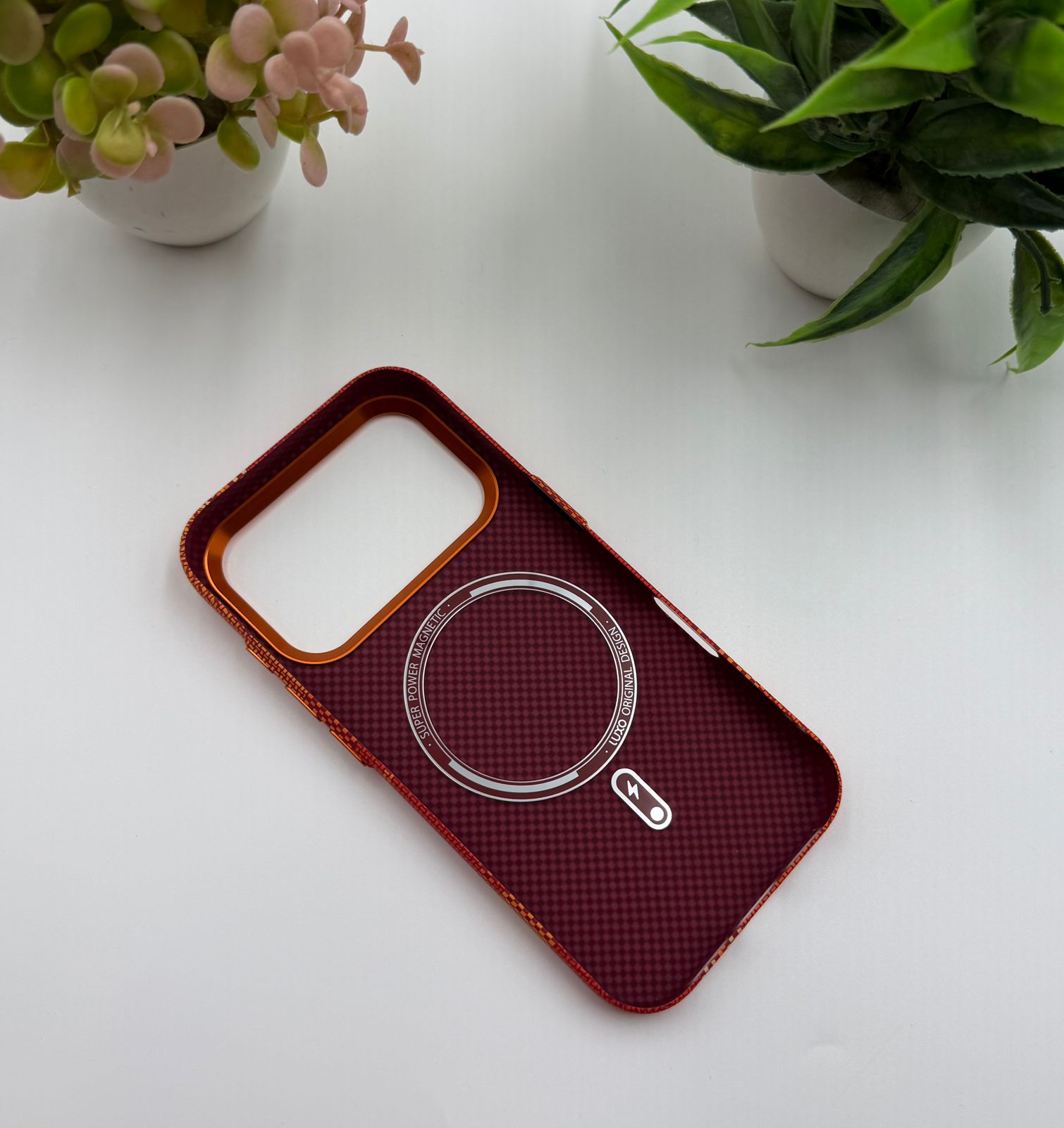 Orange Carbon Fibre Feel Case With Hidden Magsafe