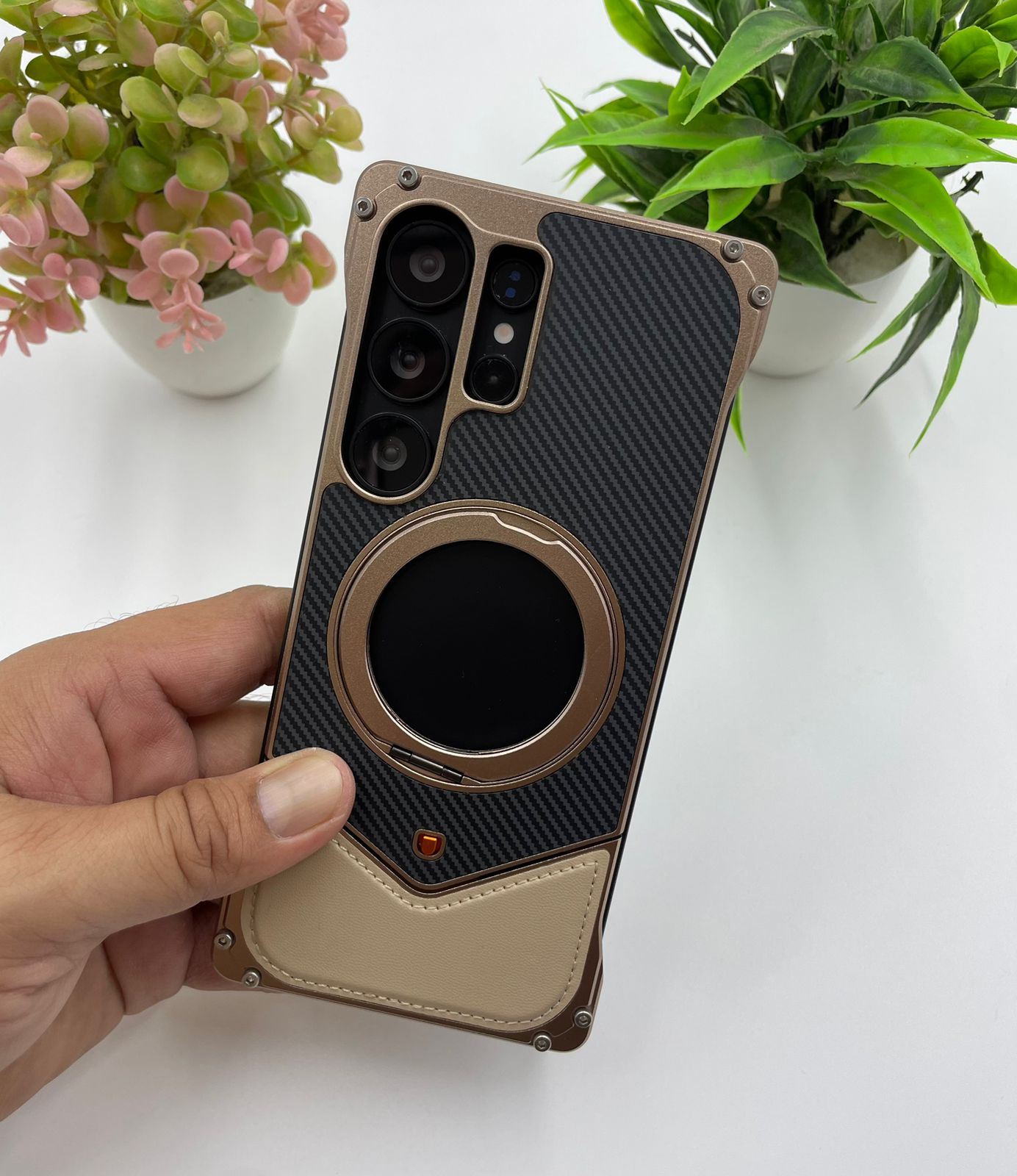 Samsung Galaxy S25 Ultra Premium Carbon Leather Aluminum Metal Snap On Rotating Stand Case